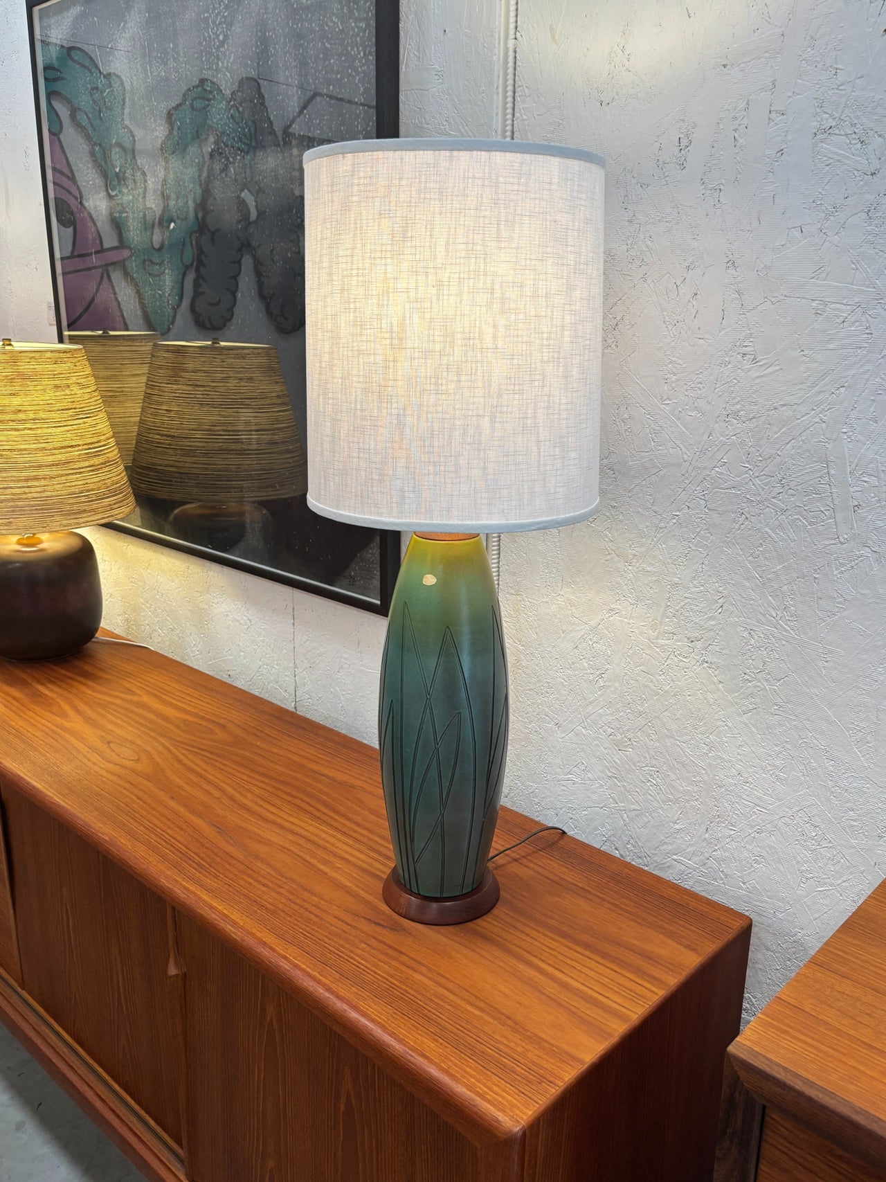 Lampe de table en céramique et teck par Ingrid Atterberg pour Upsala Ekeby, Suède circa 60