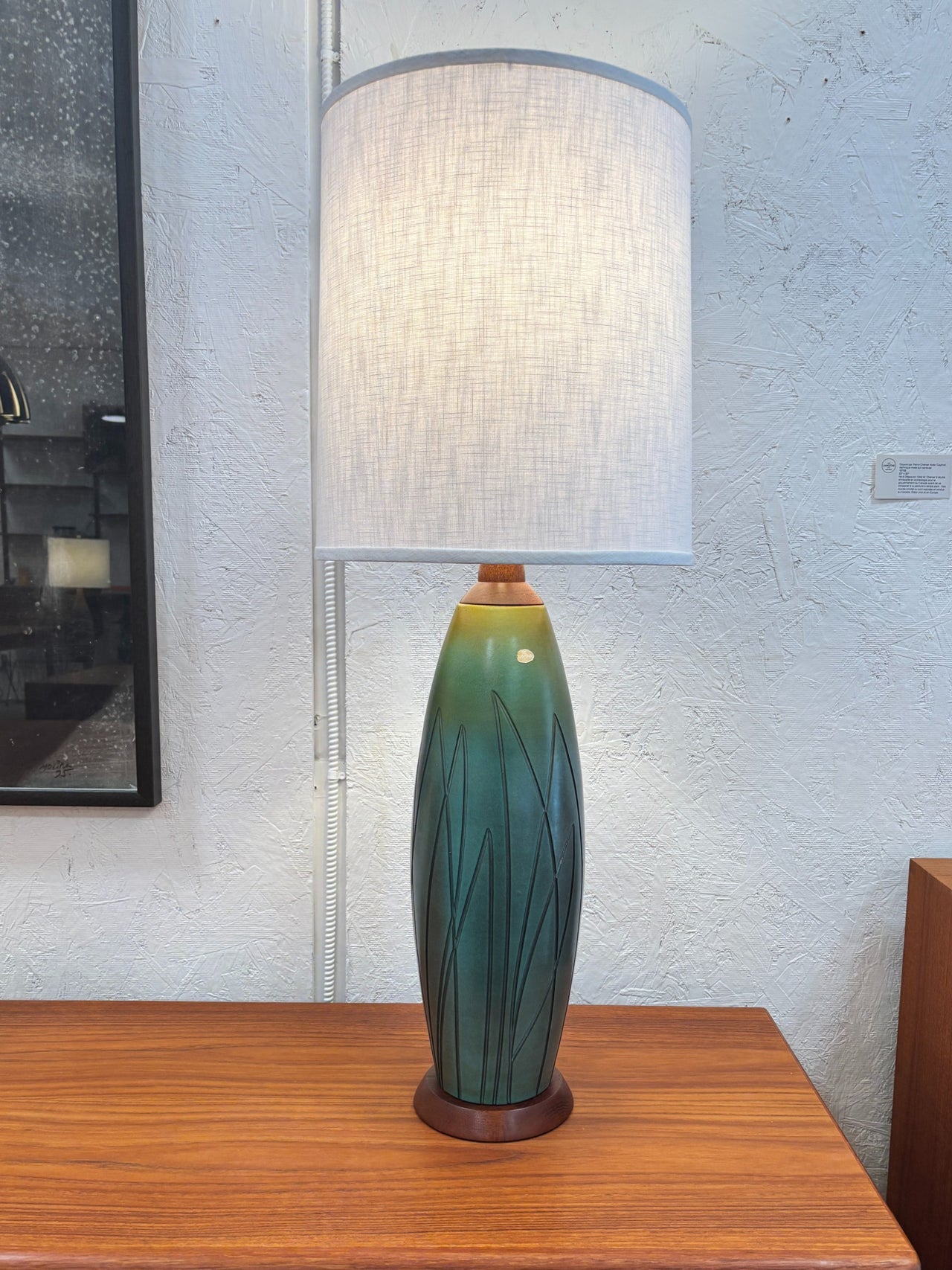 Lampe de table en céramique et teck par Ingrid Atterberg pour Upsala Ekeby, Suède circa 60