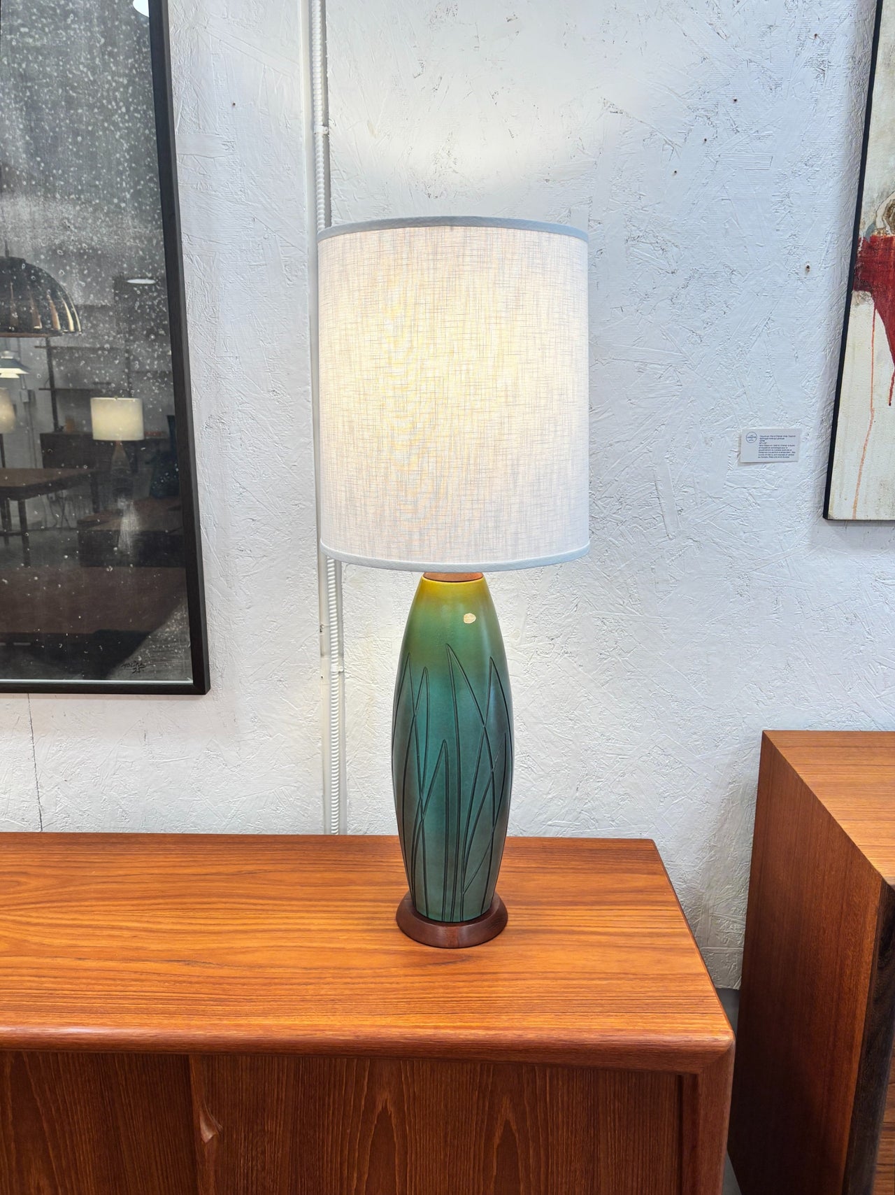 Lampe de table en céramique et teck par Ingrid Atterberg pour Upsala Ekeby, Suède circa 60